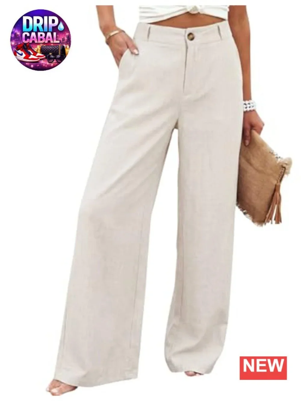 Cotton Linen High Waisted Wide Leg Pants Casual Button Trousers